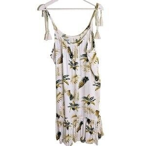 Blue Island Sundress Women's Size L White Pineapple Tie at Shoulder Peplum Hem